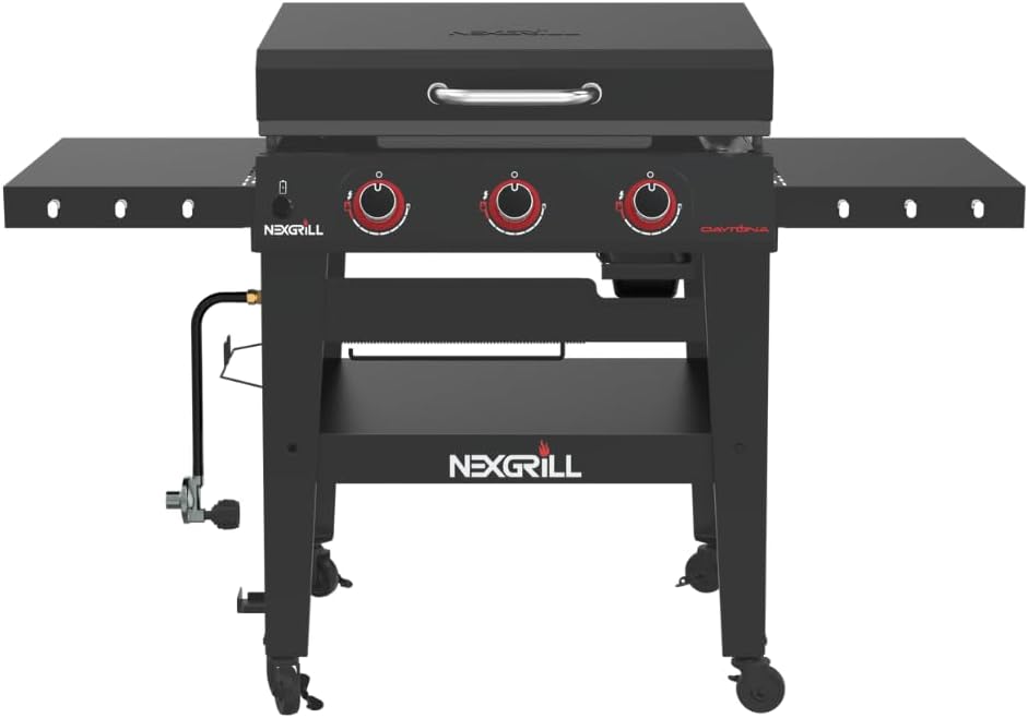 Nexgrill Daytona 3-Burner Propane Gas Griddle with Side Tables, 45000 BTUs Flat Top Grill, 630 SQ. in. Hot Rolled Steel Cooking Space, Outdoor Cooking Barbeque, Black - 720-1057B