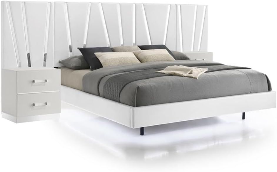 Pemberly Row Contemporary King Bed Set, Solid + Manufactured Wood, White Finish, Includes Nightstands with Drawers, Glossy Headboard Wall Design, Polyester Upholstery, Modern Bedroom Furniture