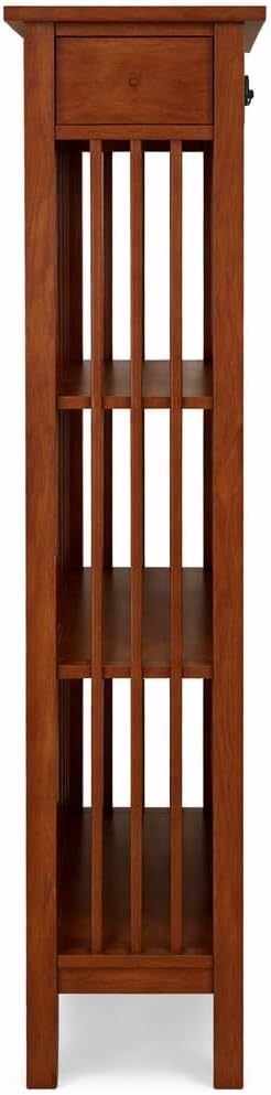 Leick Home 82262 Mission Mantel Height Bookcase with Slatted Sides and Top Drawer, Made with Solid Wood, for Living Rooms, Mission Oak Finish, Brownbronze