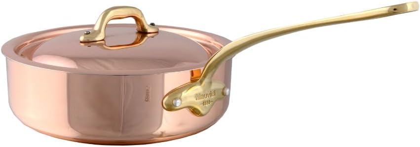 Mauviel M'Heritage 150 B 1.5mm Polished Copper & Stainless Steel Saute Pan With Lid, And Brass Handle, 1-qt, Made in France