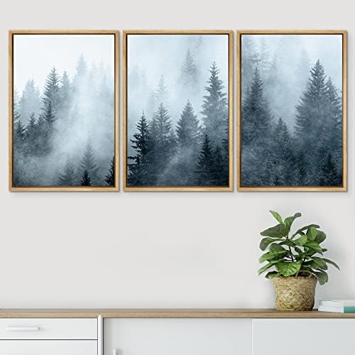 SIGNWIN Framed Canvas Print Wall Art Set Winter Fog Mist Pine Tree Mountain Forest Nature Wilderness Photography Modern Art Landscape Relax/Calm for Living Room, Bedroom, Office - 24'x36'x3 Natural