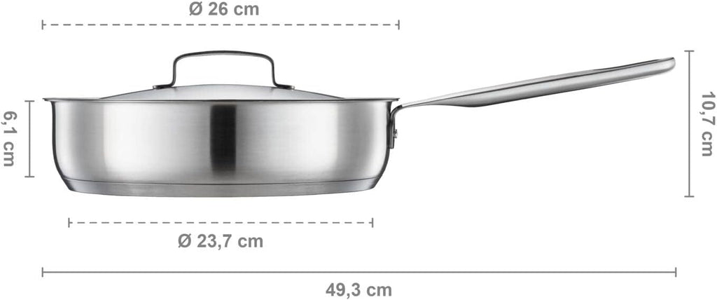 Fiskars sauté pan with lid, Ø 26 cm / 3.2 L, Coated pan, Suitable for All hobs, Recycled Stainless Steel, All Steel, Silver, 1064746