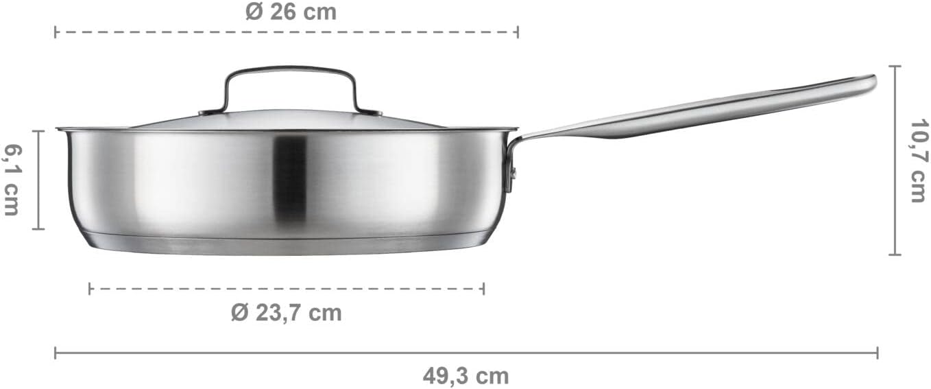 Fiskars sauté pan with lid, Ø 26 cm / 3.2 L, Coated pan, Suitable for All hobs, Recycled Stainless Steel, All Steel, Silver, 1064746