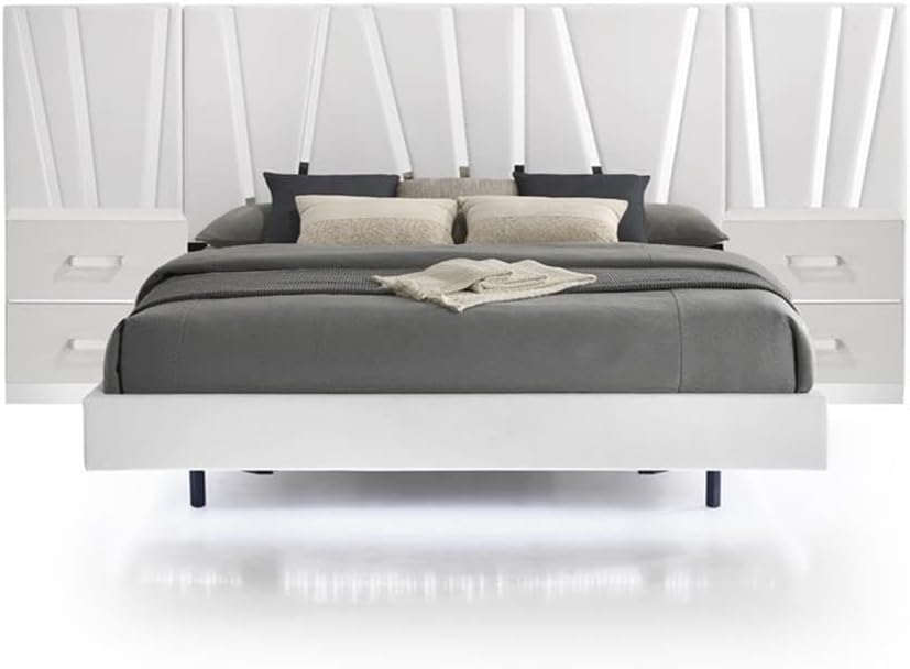 Pemberly Row Contemporary King Bed Set, Solid + Manufactured Wood, White Finish, Includes Nightstands with Drawers, Glossy Headboard Wall Design, Polyester Upholstery, Modern Bedroom Furniture