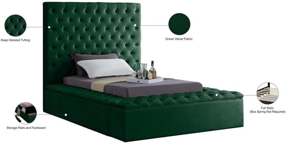 Meridian Furniture Bliss Collection Modern | Contemporary Velvet Upholstered Bed with Deep Button Tufting and Storage Compartments in Rails and Footboard, Green, Twin