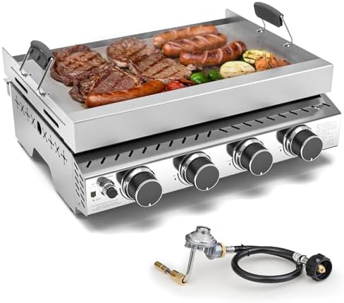 Portable Propane Griddle, 8000BTU Stainless Steel Gas Grill, One-Burner Outdoor Flat Top Grill for Tailgating, Camping, BBQ, RVs & Patio Cooking, Silver