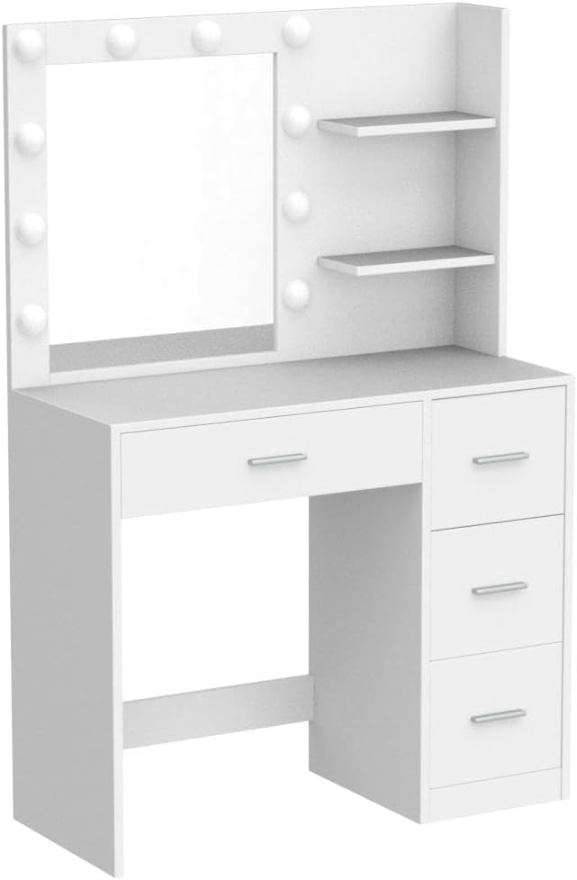 Rovaurx Vanity Desk with Mirror and Lights, Makeup Vanity Table with Storage Shelves and 4 Drawers, Bedroom Dressing Table, 10 LED Lights, 3 Color Modes & Adjustable Brightness, White