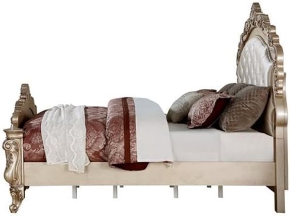 Acme Gorsedd Tufted Eastern King Panel Bed in Cream Fabric and Golden Ivory