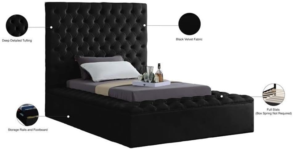 Meridian Furniture Bliss Collection Modern | Contemporary Velvet Upholstered Bed with Deep Button Tufting and Storage Compartments in Rails and Footboard, Black, Twin