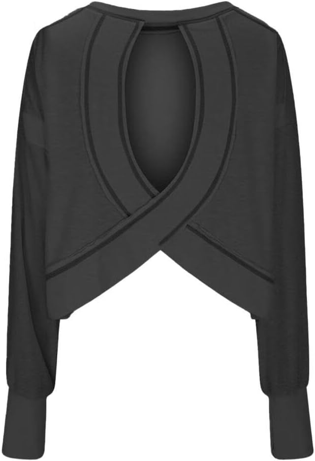 FMCHICO Backless Top for Women Crop Oversized Crewneck Pullovers Casual Loose Long Sleeve Shirts Running Y2k Yoga Outfits