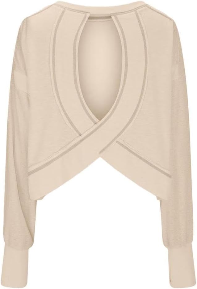 FMCHICO Backless Top for Women Crop Oversized Crewneck Pullovers Casual Loose Long Sleeve Shirts Running Y2k Yoga Outfits