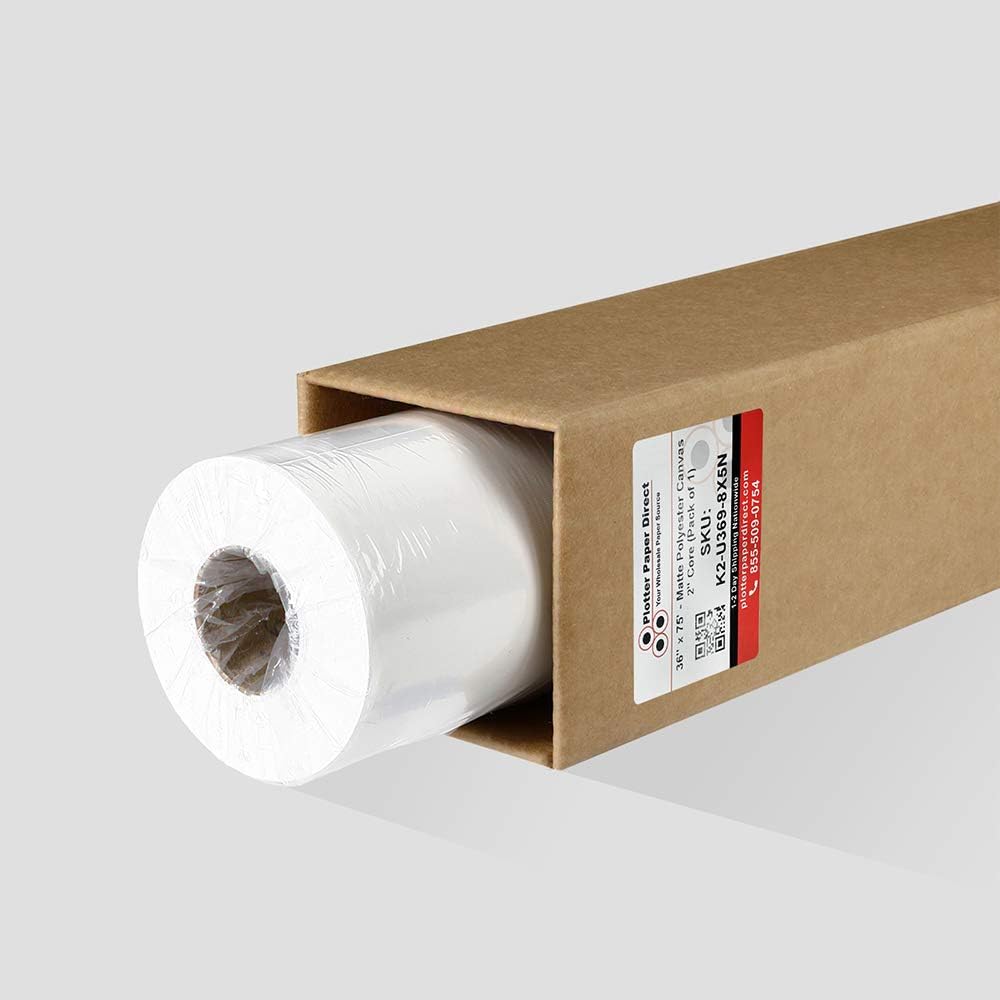 Plotter Paper Direct 36in x 75ft Premium Polyester Matte Canvas Roll, 500 Denier, Quick Dry, Wide Format Inkjet Printer Compatible, Perfect for Fine Art, Photography, Archival Quality Prints