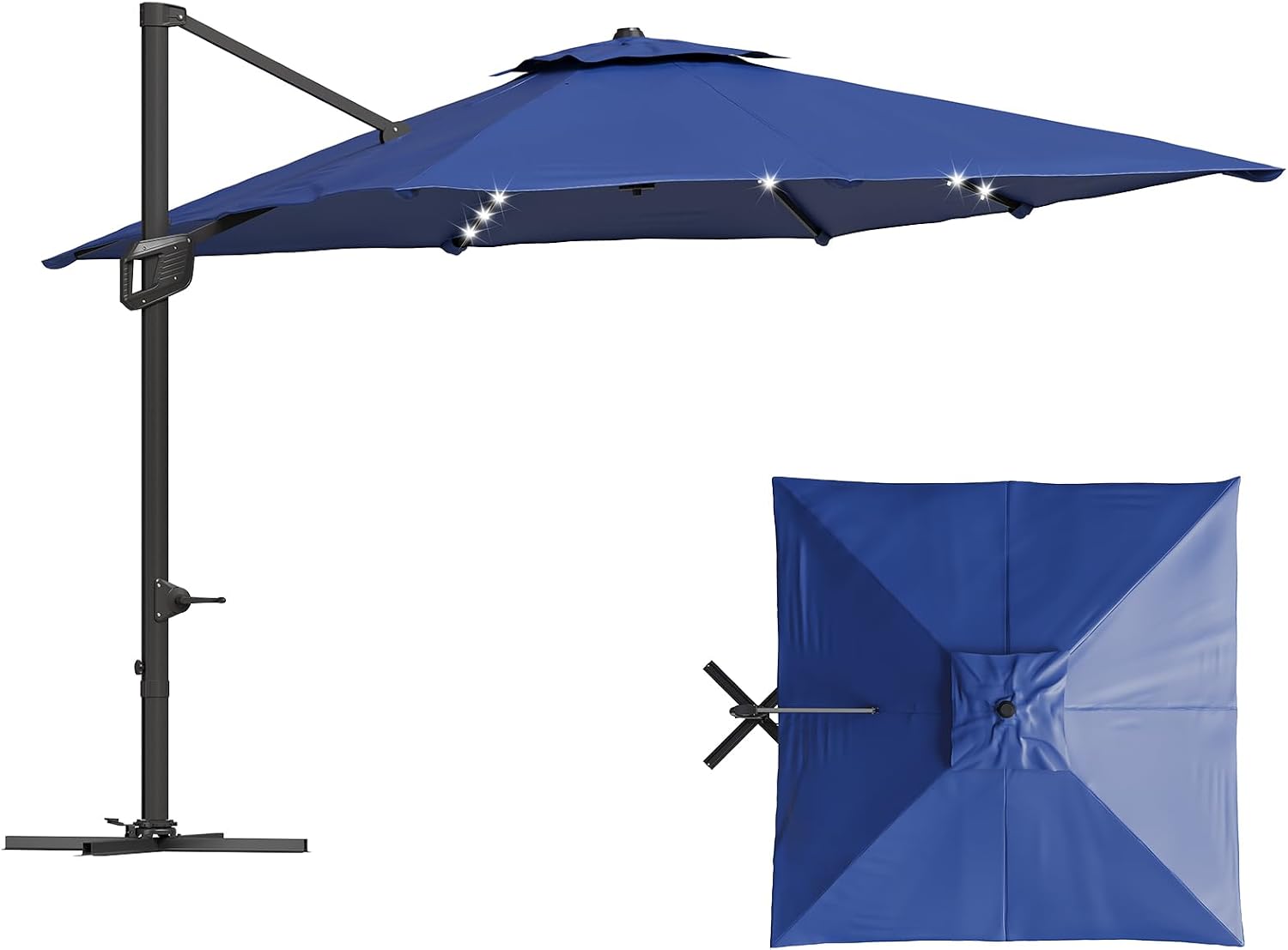 10 FT Offset Patio Umbrella with Solar Lights and Cross Base, Cantilever Umbrella with Easy Tilt Adjustment, Polyester Shade for Garden, Deck, Pool, Backyard