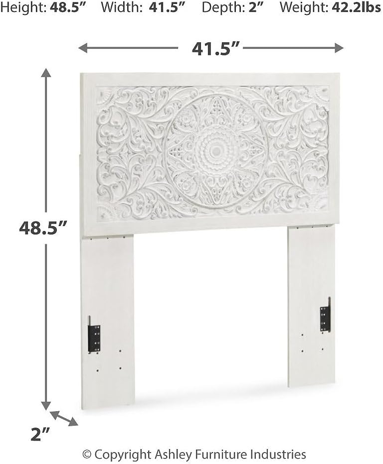 Signature Design By Ashley Paxberry Twin Boho Headboard, Wood, 48.5' High, Whitewash Replicated Worn Through Paint, Carved Medallion, Adjustable Height, Distressed White (Headboard Only)