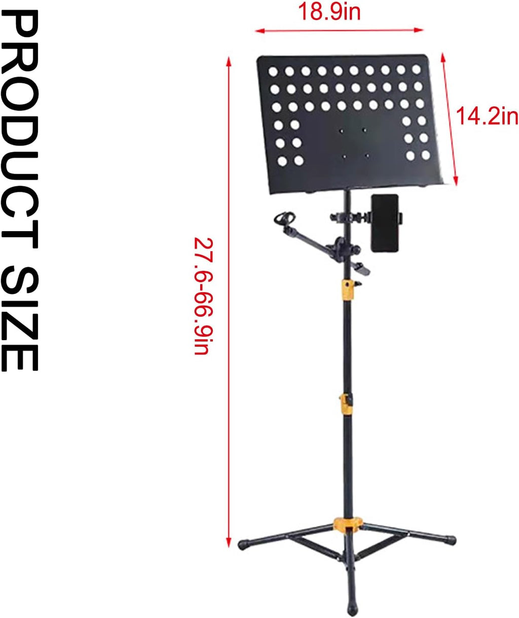 Sheet Music Stand Portable, Music Book Holder with Phone Holder & Microphone Stand, Foldable Tripod, Foldable and Height-Adjustable, for Instrumental Performance & Band & Travel