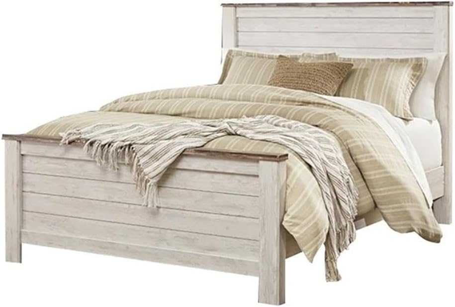 BOWERY HILL Queen Size Panel Bed with Headboard, Footboard in Wood, in White, No Box Spring Needed, Easy Assembly