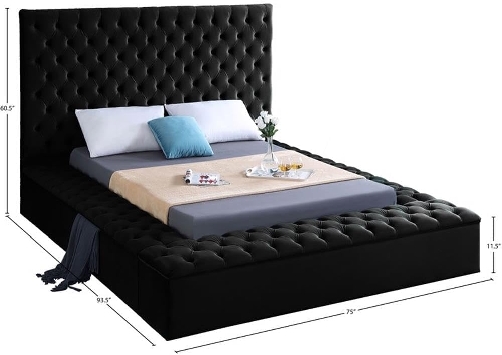 Meridian Furniture Bliss Collection Modern | Contemporary Velvet Upholstered Bed with Deep Button Tufting and Storage Compartments in Rails and Footboard, Black, Full