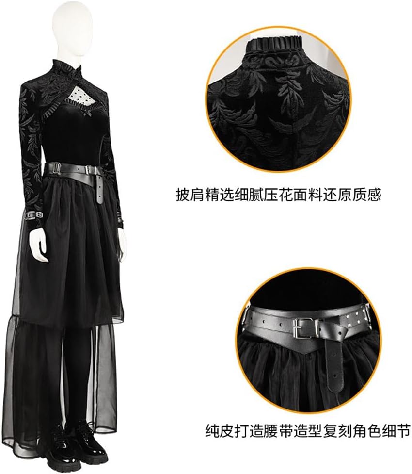 Women Lisa Frankenstein Cosplay Dress Belt Cape Black Dress Gothic Uniform with Shoes for Halloween Cosplay