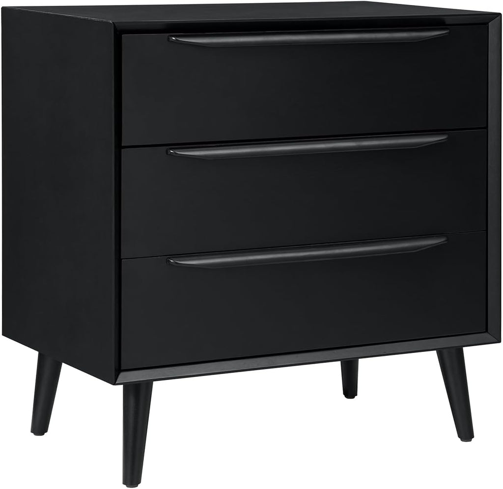 HULALA HOME Mid-Century Modern Nightstand, 3-Drawers Nightstand with Charging Station(Black)