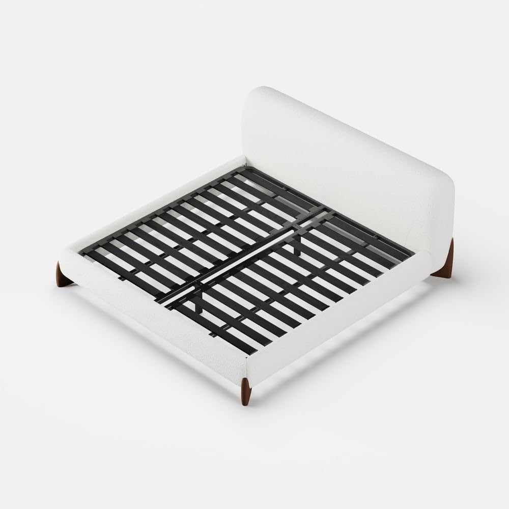 homary Curva Modern White Boucle King Size Platform Bed Set & Bedroom Bench with Solid Rubber Wood Legs, Upholstered Headboard, Comfortable & Stylish for Master Suite or Guest Room