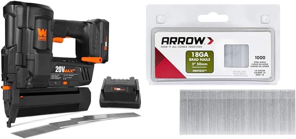 WEN 20V Max Cordless 18-Gauge Brad Nailer with 2.0Ah Battery and Charger (20512) & Arrow BN1832CS 18-Gauge Steel Brad Nails for Molding, Cabinets, Framing, Trim, and Finishing
