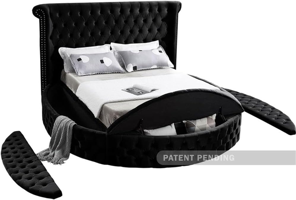 Meridian Furniture Luxus Collection Modern | Contemporary Round Shaped Velvet Upholstered Bed with Deep Button Tufting and Footboard Storage, Queen, Black