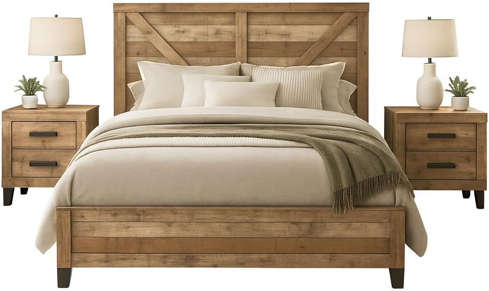 Kings Brand Furniture 3-Piece Antique Natural Bedroom Set – Wood Bed Frame with 2 Nightstands (Queen)