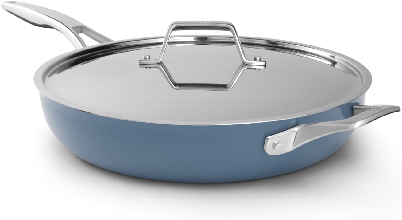 Calphalon Premier Ceramic Nonstick 12 inch Frying Pan with Lid, Durable Ceramic Pan for Searing, Sauteing, Long Lasting PFAS-Free Cookware, Dishwasher Safe, Macaron