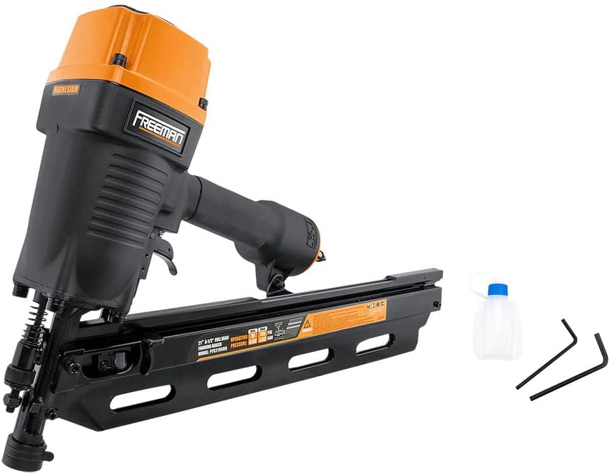 Freeman Pneumatic 21 Degree Framing Nailer with Nails | 2' – 3-1/2' Full Round Head Nails | Anti-Dry-Fire, Dual Trigger, Depth Adjust, and Comfort Grip | PFR2190NQ