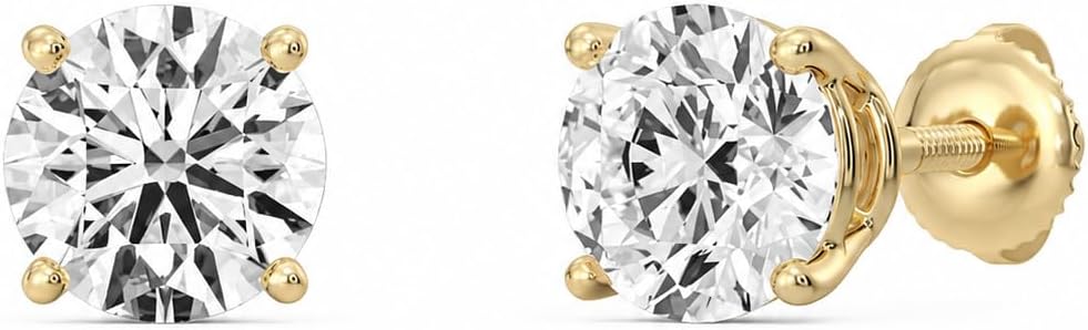 Gilded Lab-Grown Diamond Stud Earrings | 925 Sterling Silver Studs and 14KT Gold 925 Plated Silver | Hypoallergenic Fine Jewelry | 4-Prong Basket, Push Back Nut | Round Cut, SI1 Clarity, F Color | 1/10,1/5,1/4,1/3,3/8,1/2,3/4,7/8,1,1 1/2 ct tw