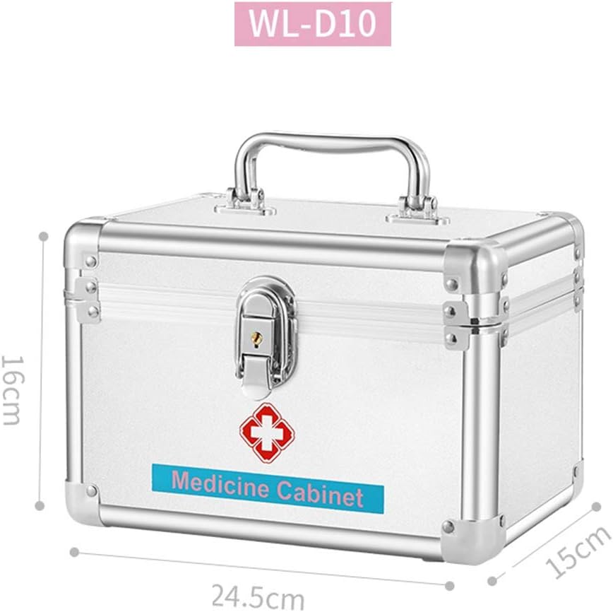 First Aid Kit Lockable Emergency Box Survival Kits Security Lock Medicine Storage Carrying Case with Portable Handle 24.5 × 16 15cm(Silver)