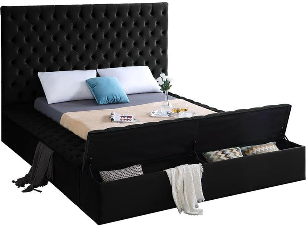 Meridian Furniture Bliss Collection Modern | Contemporary Velvet Upholstered Bed with Deep Button Tufting and Storage Compartments in Rails and Footboard, Black, Full