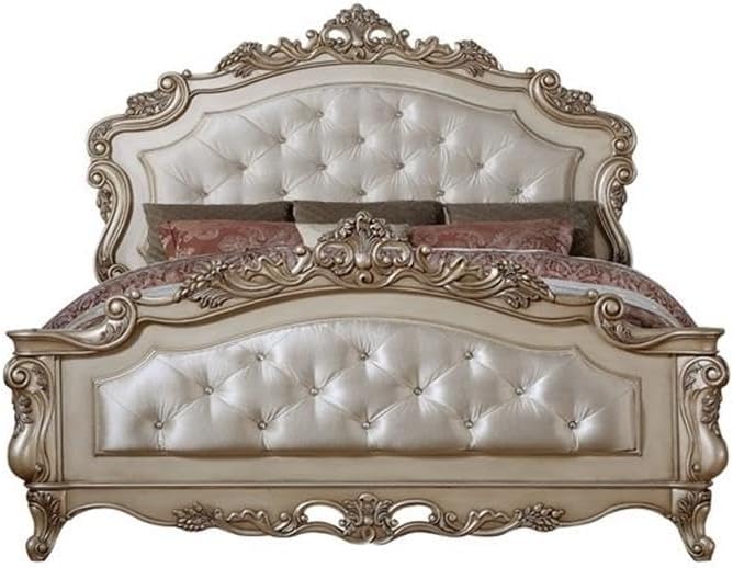 Acme Gorsedd Tufted Eastern King Panel Bed in Cream Fabric and Golden Ivory
