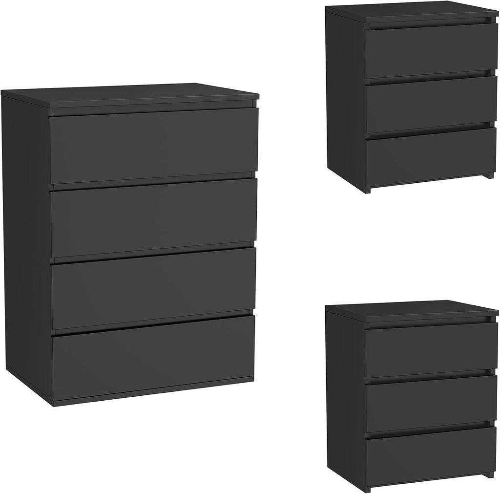 FOTOSOK Bedroom Set, White Dresser and Nightstand Sets for Bedroom, 3 Piece Bedroom Set, Night Stand Set of 2 & 4 Drawer Dresser Set, Chest of Drawers Storage Cabinet Set, Black