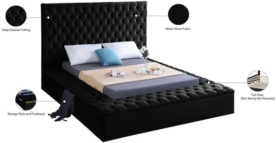Meridian Furniture Bliss Collection Modern | Contemporary Velvet Upholstered Bed with Deep Button Tufting and Storage Compartments in Rails and Footboard, Black, Full