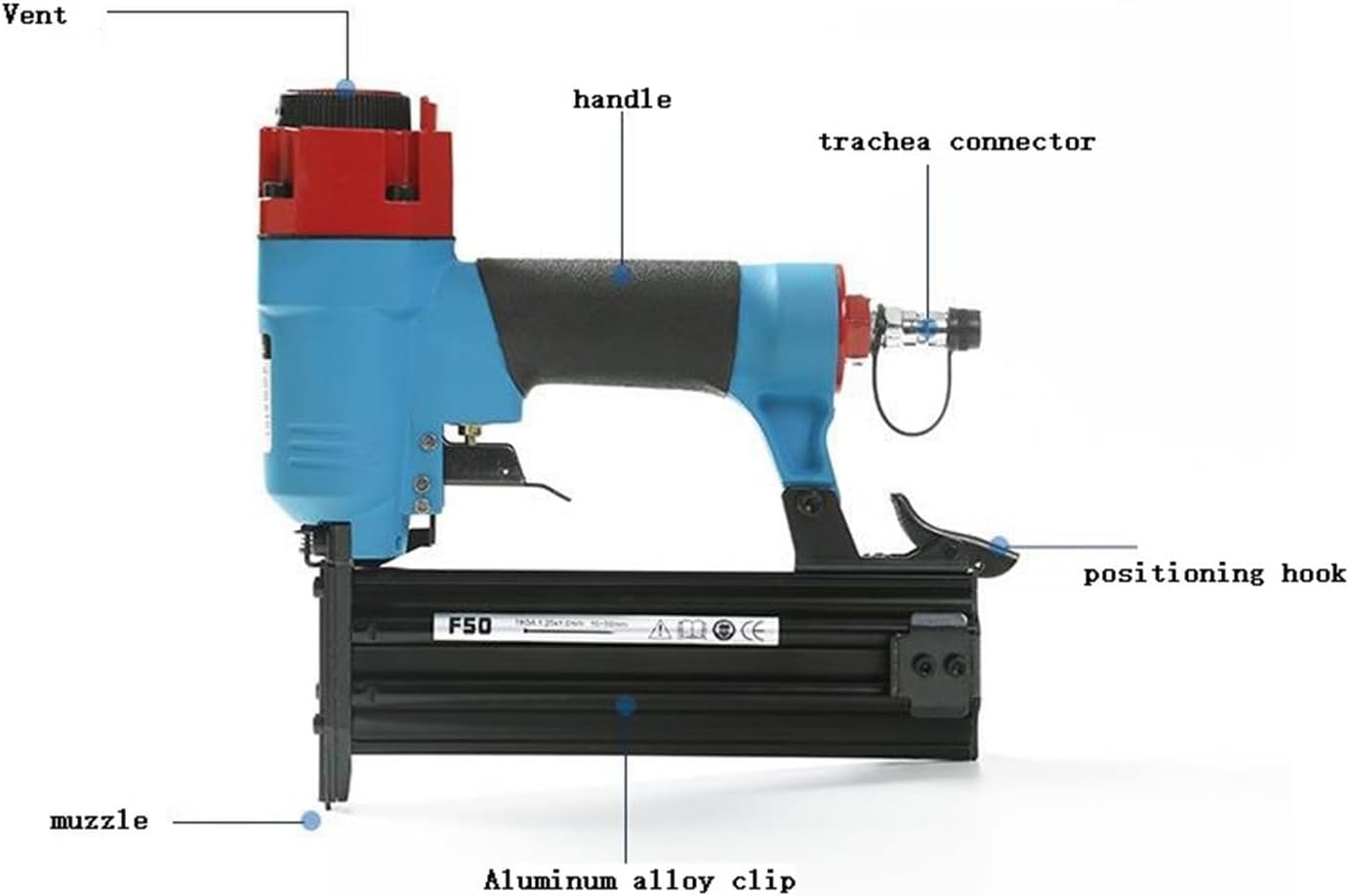 Oil-Free Pneumatic Staple Gun F50 Pneumatic Straight Nail Gun Pneumatic Brad Nailer Woodworking Tool Pressure 4-8Mpa Nail Length 10-50MM Capacity