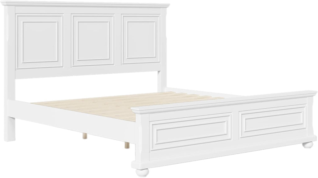 Merax King Size Bed Frames Traditional Town and Country Style Pinewood Vintage Bed,No Box Spring Needed,White
