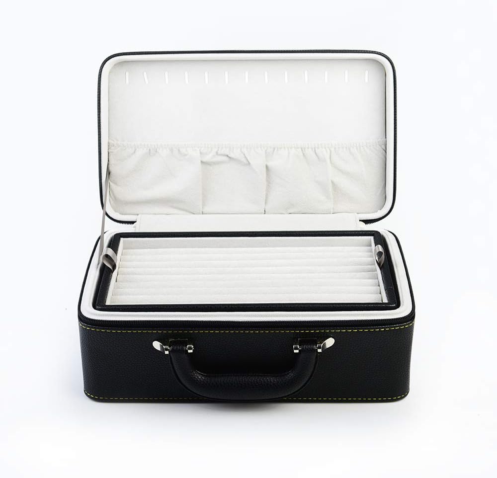 Oirlv Black Leather Jewelry Box Handmade Travel Jewelry Organizer Storage Case Holder For Girl Lady Earring,Ring,Necklace,Pendant,Watch,Bracelet.(3 layers)