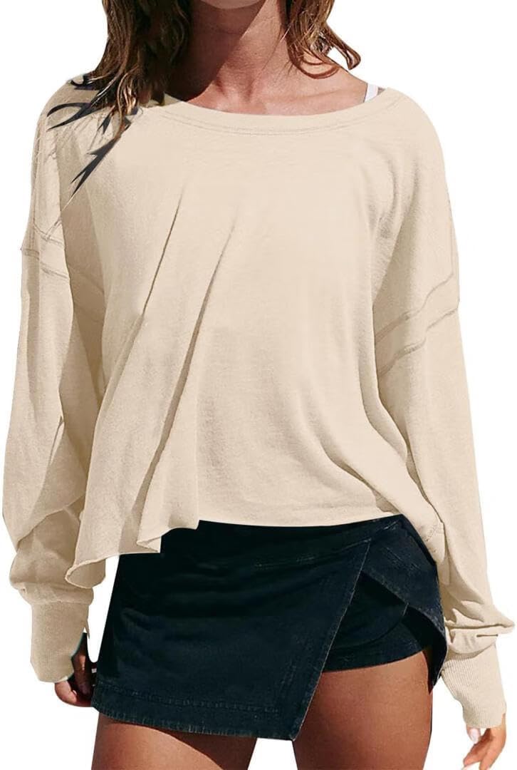 FMCHICO Backless Top for Women Crop Oversized Crewneck Pullovers Casual Loose Long Sleeve Shirts Running Y2k Yoga Outfits