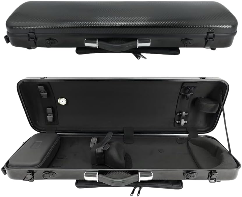 Violin case 4/4 Full size High strength Carbon fiber hard shell Durable handles Internal storage with Backpack straps Music Sheet bag (Black)