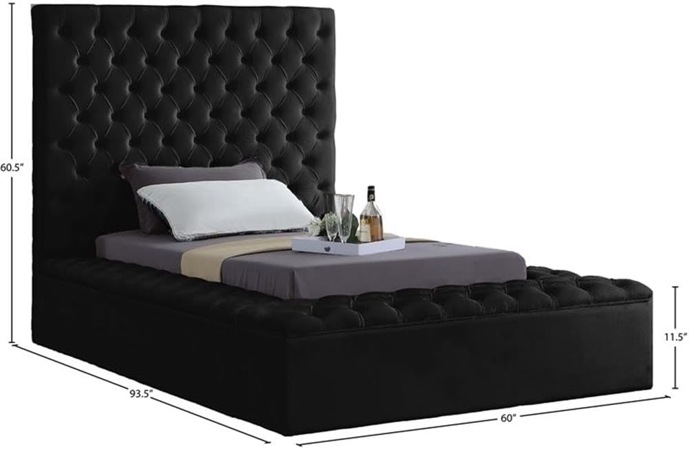 Meridian Furniture Bliss Collection Modern | Contemporary Velvet Upholstered Bed with Deep Button Tufting and Storage Compartments in Rails and Footboard, Black, Twin
