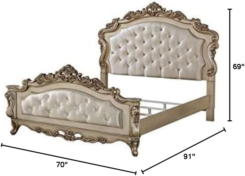 Acme Gorsedd Tufted Queen Panel Bed in Cream Fabric and Golden Ivory