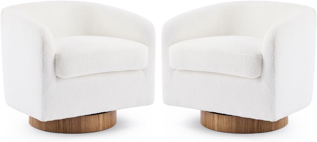 VINGLI 360°Swivel Accent Chairs Set of 2 with Engineered Wood Base and Removable Cushion for Living Room, Bedroom, Curved Back Barrel Chairs for Small Space, Upholstered Bucket Armchairs, Teddy White