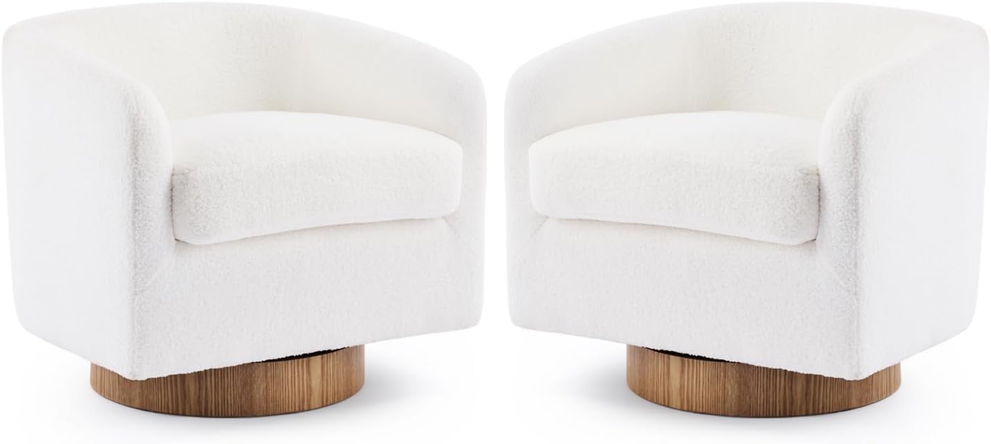 VINGLI 360°Swivel Accent Chairs Set of 2 with Engineered Wood Base and Removable Cushion for Living Room, Bedroom, Curved Back Barrel Chairs for Small Space, Upholstered Bucket Armchairs, Teddy White