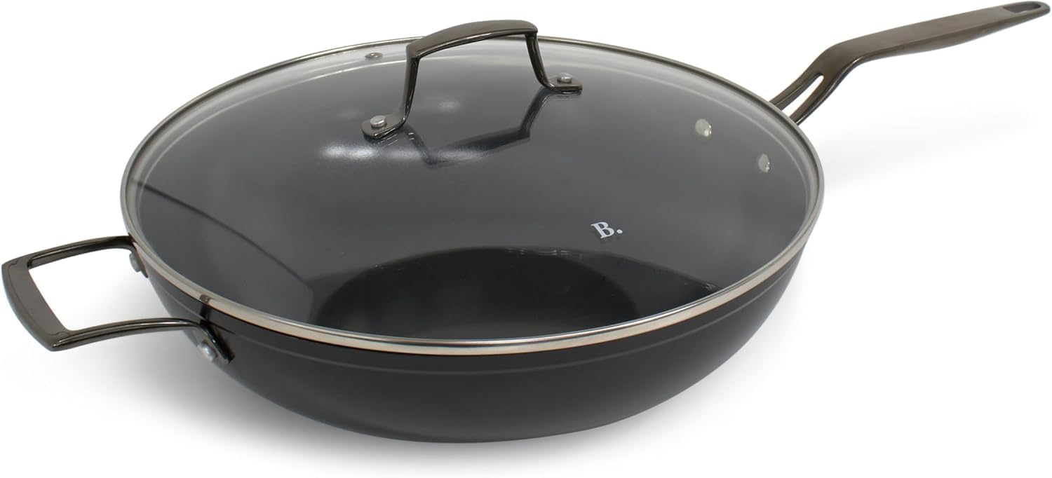 Blu. Cookware 12.6' Wok with Lid, Durable Non-Stick Stir Fry Pan, Non-Toxic, PFA/PFOA-Free, Suitable for All Cooktops, Includes Bamboo Brush