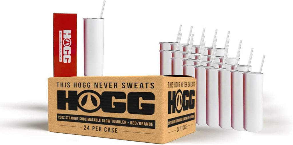 Hogg 20 oz Glow in the Dark Sublimation Tumblers (24 Units) - Red, Sublimation Blanks, Glow in the Dark Tumbler, 20oz Skinny, Blank Cups with Lids and Straws