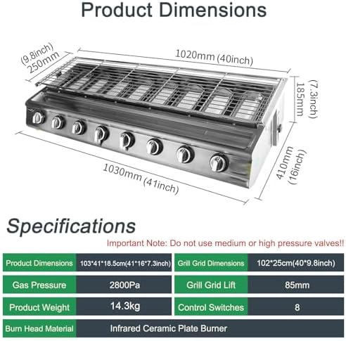 40'' Tabletop Grill Commercial Gas BBQ Grill w/ 8 Burners Portable Gas Barbecues Griddle, for Parties, Backyard barbeques, Camping or Picnicking