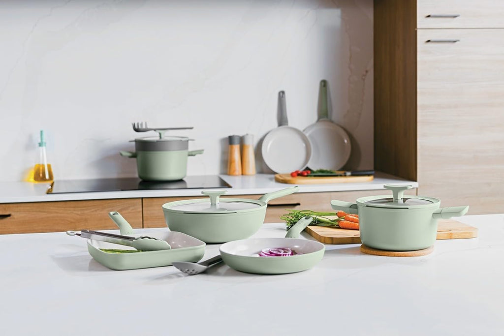 Berghoff Balance Non-stick Ceramic Sauté Pan 10.25', 3.1qt. with Multifunctional Glass Lid, Recycled Aluminum, CeraGreen Non-toxic Coating, Stay-cool Handle, Induction Pan, Sage