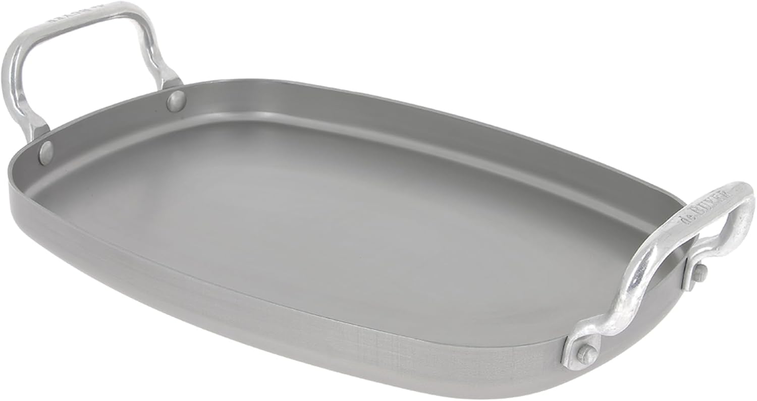 de Buyer MINERAL B Carbon Steel Griddle - 16.75' x 10.25' - Ideal for Seafood & Vegetables - Naturally Non-Stick Finish - Made in France