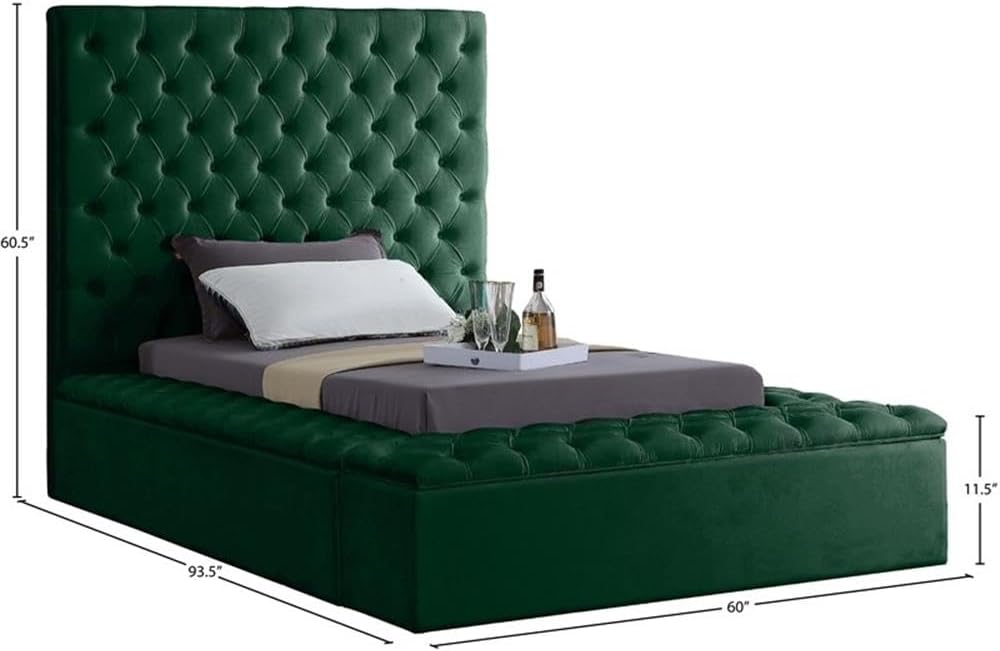 Meridian Furniture Bliss Collection Modern | Contemporary Velvet Upholstered Bed with Deep Button Tufting and Storage Compartments in Rails and Footboard, Green, Twin
